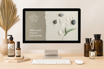 Computer desktop, home spa online shop, minimal workspace