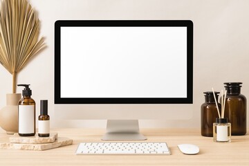 Blank computer screen, aesthetic home office interior design