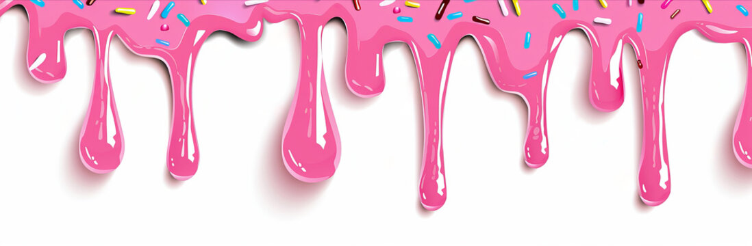 Pink icing sauce dripping down with colorful sprinkles