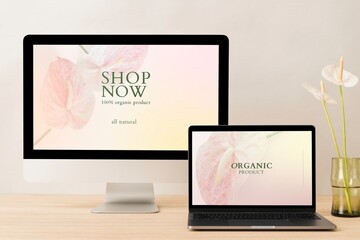 Digital device set, aesthetic workspace, showing online shop website