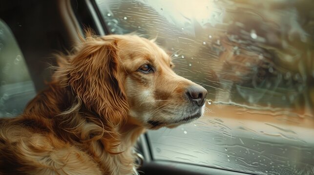 An enchanting image of a rescue dog gazing out from a car window, with ears flapping in the breeze, capturing the excitement and anticipation of a new adventure on National Rescue Dog Day.