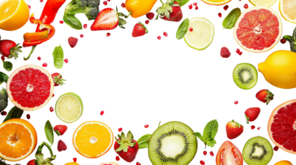 Fruit and vegetable frame, top view white background