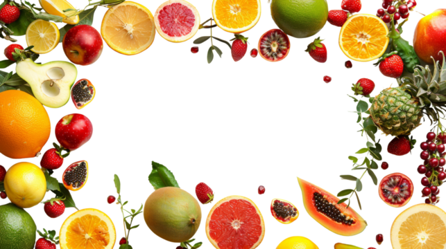 Fruit and vegetable frame, top view white background