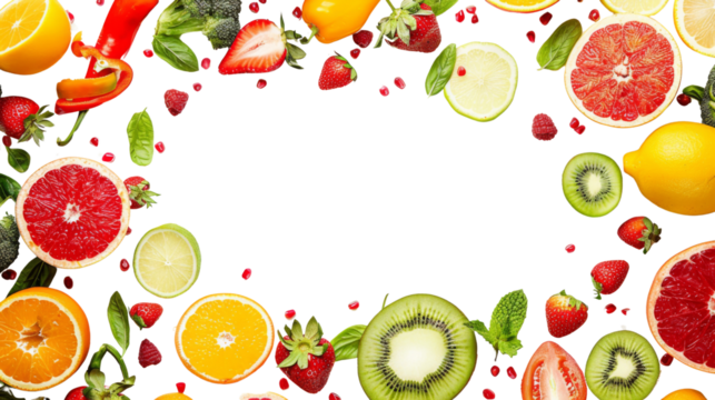 Fruit and vegetable frame, top view white background