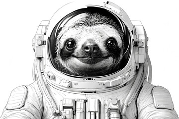 Fototapeta premium Sloth astronaut, black and white portrait, animal astronaut illustration.
