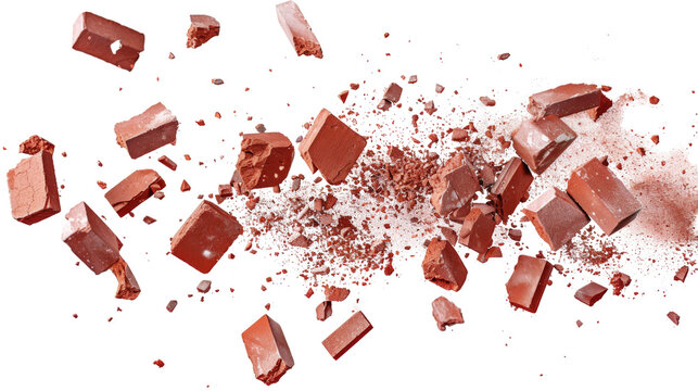 Flying pieces and powder of broken red brick