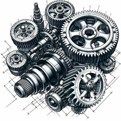 Industrial Mechanical Engineering Gears Bearings Parts Working Design Project Hand Drawn Sketch Drawings Blueprints. Mechanism Work Steampunk Manufacturing Caliper Tools Industry Factory Transmission.