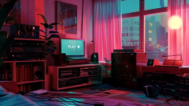 Neon-lit room with a computer on the desk. looping time-lapse video background