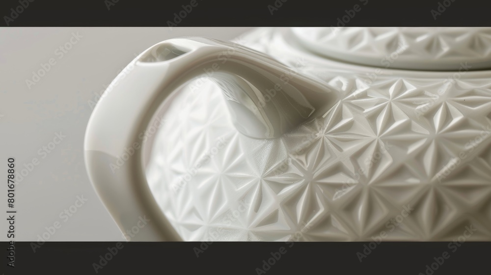 Poster the smooth glossy surface of a porcelain teapot enhanced by a precisely engraved geometric pattern..