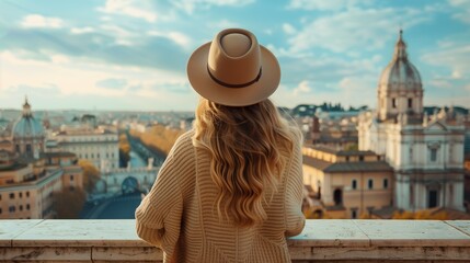 Blonde woman wearing hat standing on the balcony and looking at Rome city view. Tourism concept