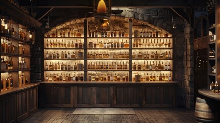 An enchanting image of a whisky tasting room, with a cozy atmosphere and a selection of whisky bottles displayed on shelves.