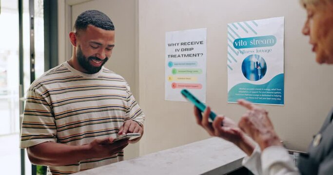 Man, phone and pos for payment at pharmacy with smile for healthcares services with cashier woman. People, smartphone and easy banking at point of sale on machine, fintech and discount at clinic
