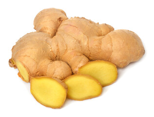 Fresh ginger root cut into cubes isolated on a white background