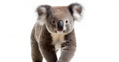 koala or koala bear - Phascolarctos cinereus - is an arboreal herbivorous marsupial native to Australia. walking and looking towards camera,  cute and adorable, isolated cutout on white background