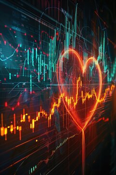 Health symbol alongside financial data and trading graphs illustrating the connection between personal well-being and financial markets in a comprehensive view.