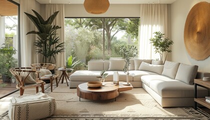 Obraz premium Modern Living Room with Soft Ivory Walls 🪑 Elegant Grey Furniture and Natural Wood Accents - Ideal for Stock Photos Featuring Contemporary Home Interiors and Minimalist Design