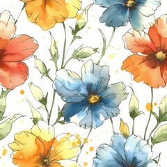 Beautiful watercolor painting of vibrant summer flowers in blue, orange, and yellow hues with playful splatter accents.