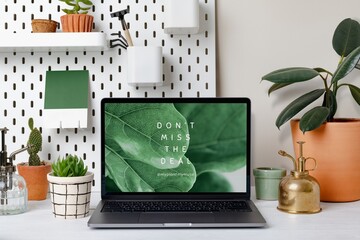 Laptop screen with online plant shop website, aesthetic workspace