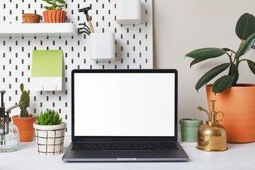 Laptop blank screen, plant lover workspace design