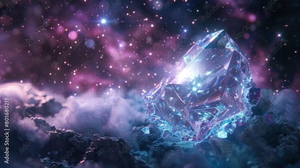 Poster a beautiful and delicate crystal structure floating in the vastness of space its intricate facets re