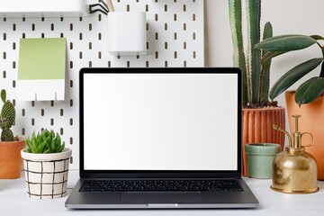 Blank screen laptop, plant lover workspace design