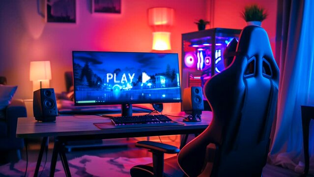 Interior gaming room with computer and neon lighting. looping time-lapse video background