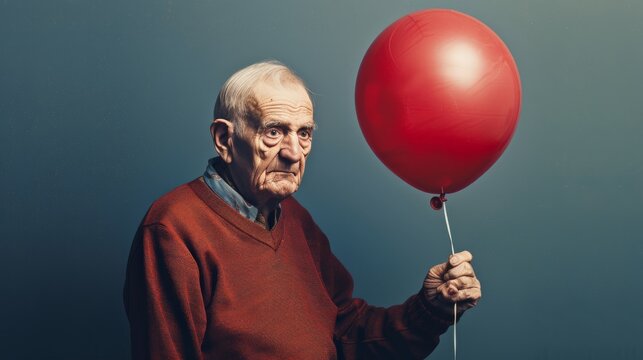 An elderly man holding onto a balloon that is gradually losing its shape and color, an allegory for the gradual and inevitable decline of cognitive functions in dementia.