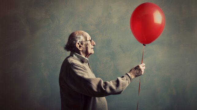 An elderly man holding onto a balloon that is gradually losing its shape and color, an allegory for the gradual and inevitable decline of cognitive functions in dementia.