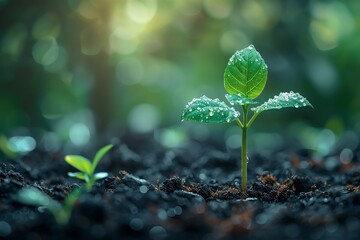 green plant growing out of the soil with green background, professional grading color, in the style of photo-realistic landscapes, precisionist art, realistic, 8K, UHD Image