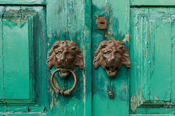 old wooden door with lion handles