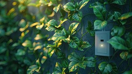 A green plant is growing over a wall and a white switch box