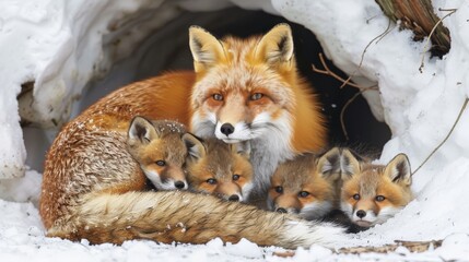 Naklejka premium An enchanting scene of a fox and her cubs snuggled in a snowy den, their vibrant coats contrasting against the pristine white snow, symbolizing warmth in the heart of winter.