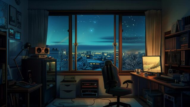 Lofi cozy room with computer at night and city view. looping time-lapse video background