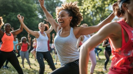 An energetic group fitness class in a park, with participants of all ages and backgrounds engaging in high-spirited exercises, embodying community and physical vitality.