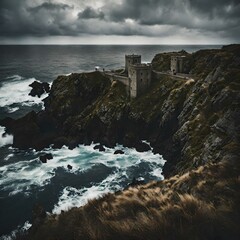 Oceanic stronghold view and castle wall and waves.