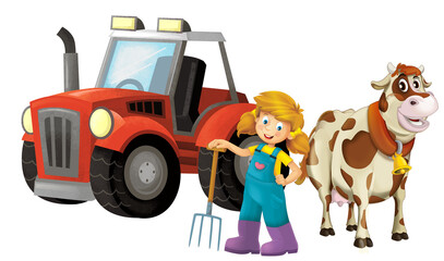 cartoon scene with farmer girl standing with pitchfork and farm animal cow bull isolated background illustation for children