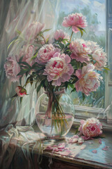 A large vase of pink peonies on the table, the background is an old window with light and shadow, sunlight shines through the curtains onto flowers, oil painting style, brushstrokes
