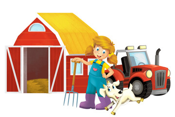 cartoon scene with farmer girl standing with pitchfork and farm animal goat isolated background illustation for children
