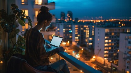 Obraz premium An evening scene of a person working remotely on a balcony overlooking a cityscape, their laptop illuminated by soft lighting, capturing the flexibility of remote work hours.