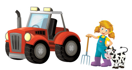 cartoon scene with farmer girl standing with pitchfork and farm animal cow calf isolated background illustation for children