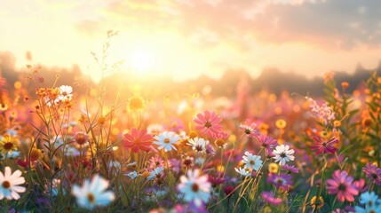 A field of flowers with a bright sun shining on them. The sun is in the center of the image and is surrounded by a large field of flowers. The flowers are of various colors, including white, pink