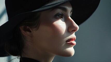 An enchanting profile of a woman gazing into the distance, her elegant black hat casting intriguing shadows across her visage, the mystery of her expression enhanced by her exquisite makeup.