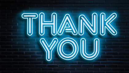 Thank you blue neon sign on black wall, illustration.