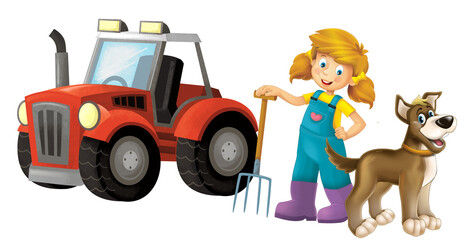 cartoon scene with farmer girl standing with pitchfork and farm animal isolated background illustation for children