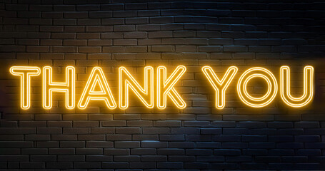 Thank you yellow neon sign isolated on black wall, illustration.