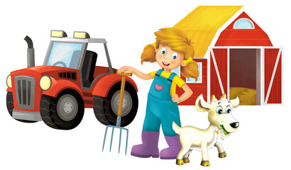 cartoon scene with farmer girl standing with pitchfork and farm animal goat isolated background illustation for children