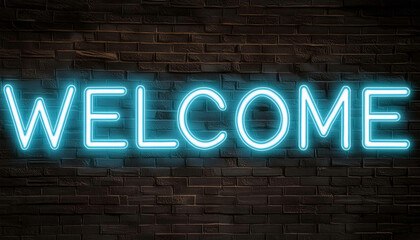 Welcome blue neon sign on black wall, illustration.