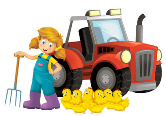 cartoon scene with farmer girl standing with pitchfork and farm animal chicken young hens roosters birds isolated background illustation for children