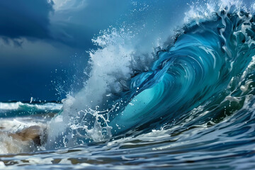 Fototapeta premium A powerful ocean wave, crashing against the shore with force and energy, Concept nature's power and strength