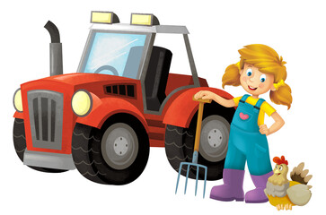 Fototapeta premium cartoon scene with farmer girl standing with pitchfork and farm animal isolated background illustation for children